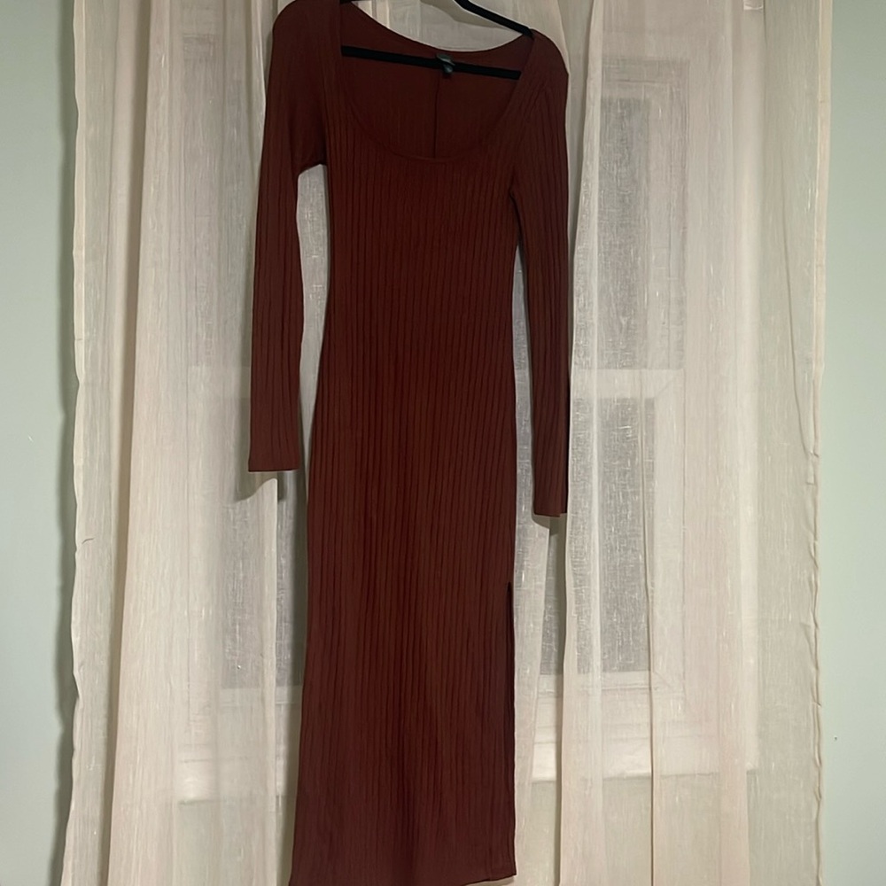 Long brown sweater knit dress